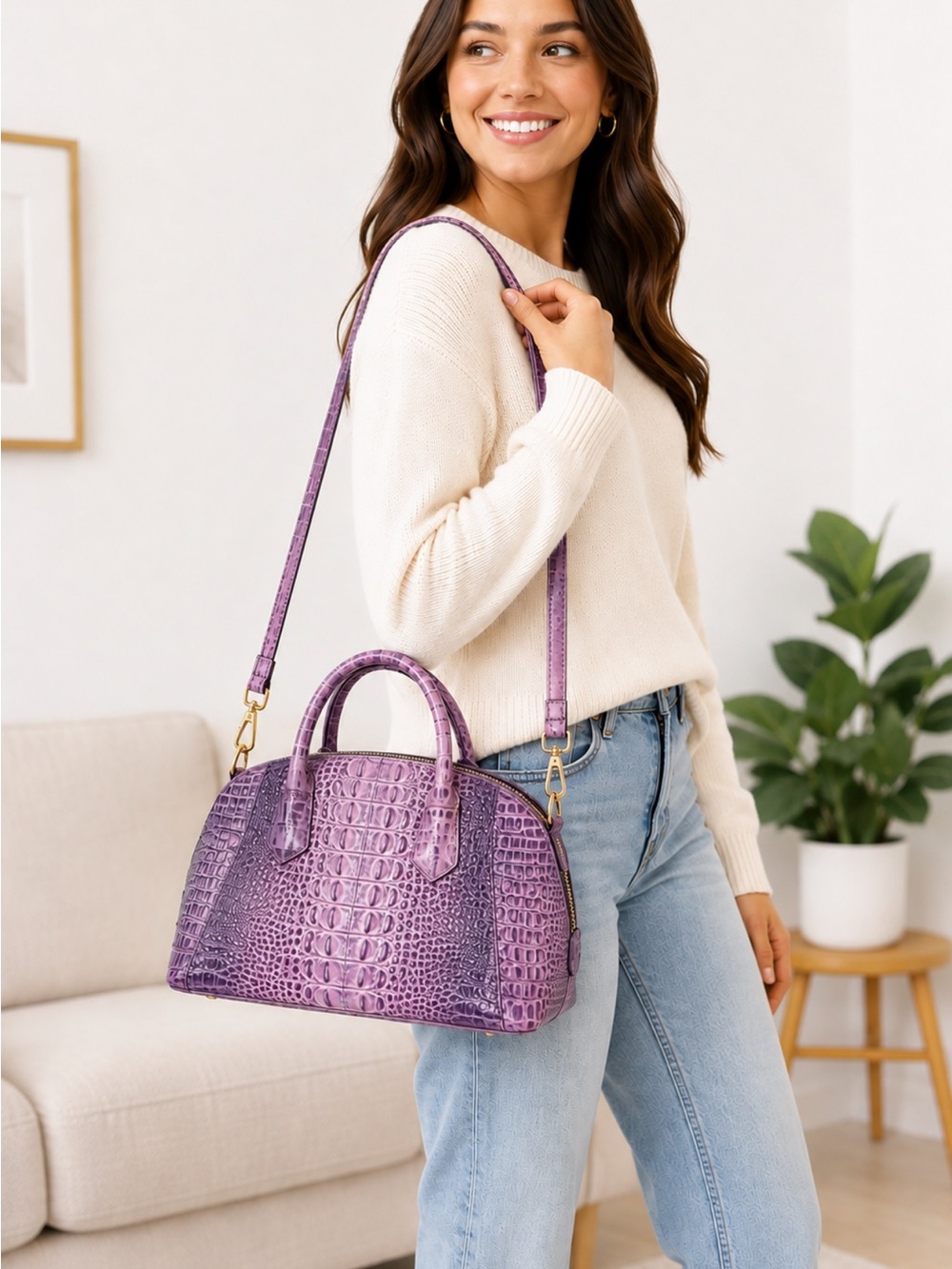 Mak Purple Hombre Croc-Embossed Dome Satchel Shoulder Bag in the look of Brahmin